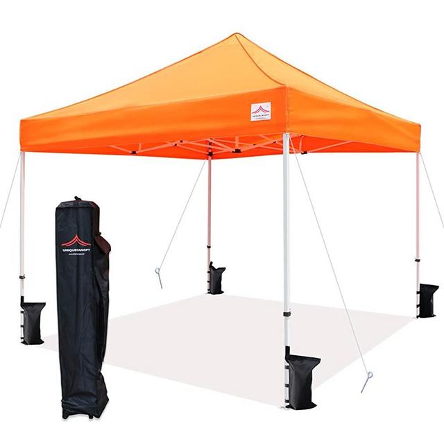 UNIQUECANOPY 10'x10' Ez Pop Up Canopy Tent Commercial Instant Shelter with Heavy Duty Roller Bag, 4 Canopy Sand Bags, 10x10 FT Orange
