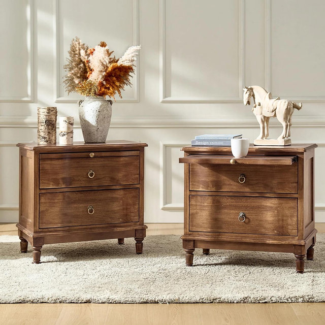 Solid Wood 2 Drawer Nightstand with Charging Ports & Pull-Out Shelf
