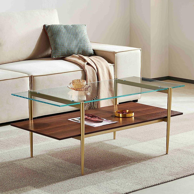 Saint Mossi Tadio Glass Coffee Table, Clear Double Layer Glass Coffee Table for Living Room, Clear Glass & Coffee Brown Bottom Shelf