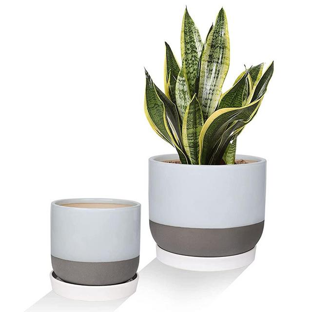 Docrin Ceramic Indoor Plant Pots, Planter Pots with Drain Hole and Saucer for Flower Indoor Decoration, 6.3 +5.2 Inch, Home Decor Gift, Set of 2, White and Gray