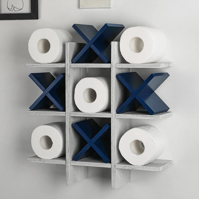 Tic Tac Toe Toilet Paper Holder Stand Rustic Wooden Toilet Paper Storage Bathroom Hanging Storage Freestanding Wall Mounted Shelves Wall Decor for Toilet Tissue Farmhouse Decor (Retro White, Blue)