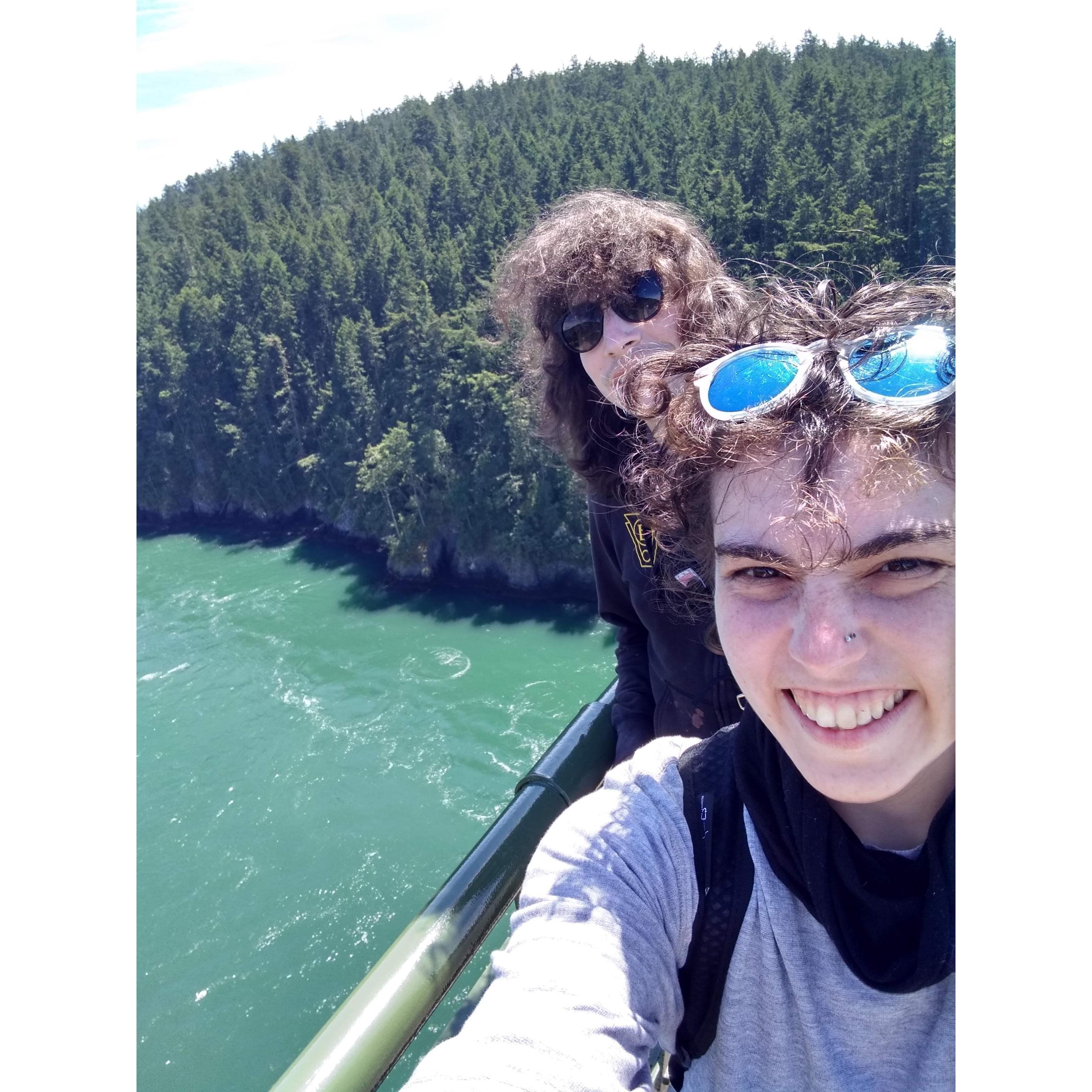 Rex and Yara putting on brave faces on the Deception Pass Bridge