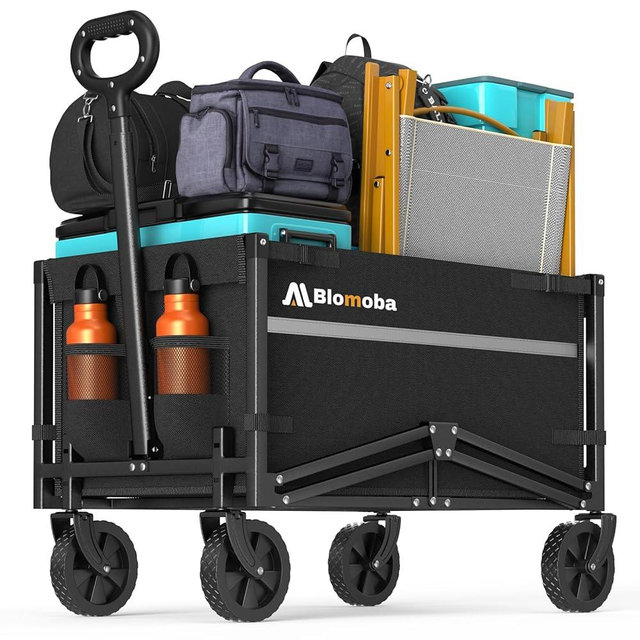 Blomoba Collapsible Wagon Cart, Flexible Handle, Portable Collapsible Wagon with All-Terrain Wheels 360° Rotation, 220LBS Heavy Duty Utility Cart for Garden Camping Grocery Sports Shopping Beach