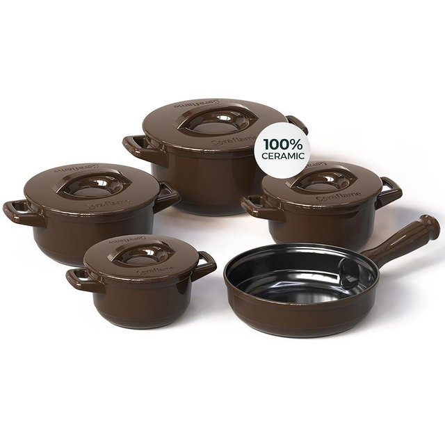 Pure Ceramic, Healthy, Non Toxic Cookware Set - Oven Safe Up to 1200F, Microwave and Dishwasher Safe, Longlasting and Lightweight - PFAS, PTFE, PFOA, PFOS - Cocoa Brown