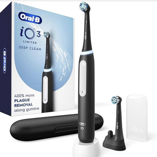 Oral-B Rechargeable Electric Toothbrush, iO3 Limited Deep Clean, 3 Cleaning Modes, Visual Pressure Sensor to Protect Gums, 2 Brush Heads, Travel Case, White
