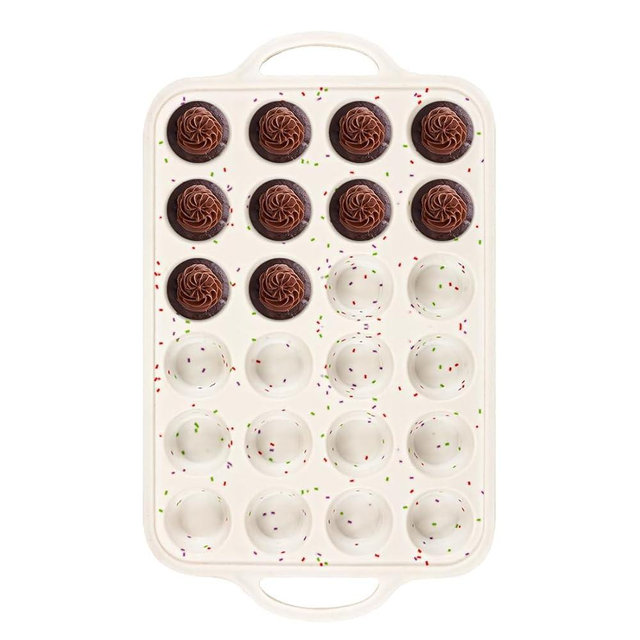 Muffin Pan With Metal Reinforced Frame - 24 Cups Durable Silicone Muffin Pan for Muffins, Cupcakes, BPA Free and Dishwasher Safe - 1 Piece Beige with Rainbow Spots