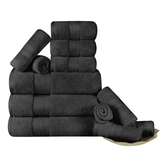 Premium Cotton Solid Plush Heavyweight Luxury 12-Piece Towel Set, Black - Blue Nile Mills