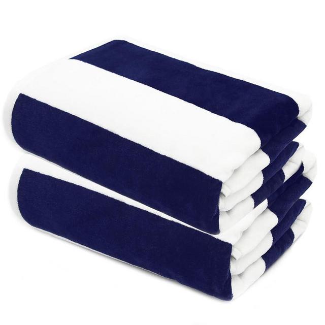 COTTON CRAFT Oversized Beach Towels - Set of 2 - XXL 35x84 The Big Kahuna 7 Foot Extra Large Beach Blanket Towel - Big & Tall - Huge 100% Cotton Velour Soft Luxury Pool Bath Towel - Cabana Stripe Navy