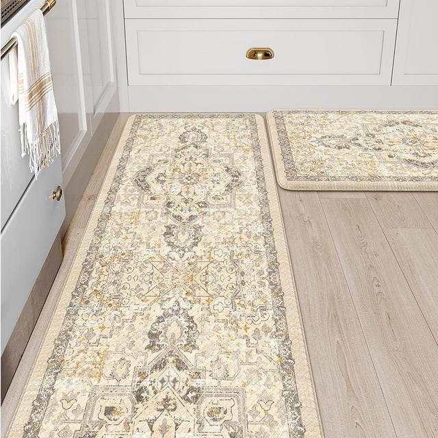 LEEVAN Kitchen Rug Set of 2, Cushioned Kitchen Floor Mats for Sink, Anti Fatigue Waterproof Kitchen Rugs Non Slip, Memory Foam Kitchen Mat for Bar,Standing,Laundry,Office, Yellow/Grey