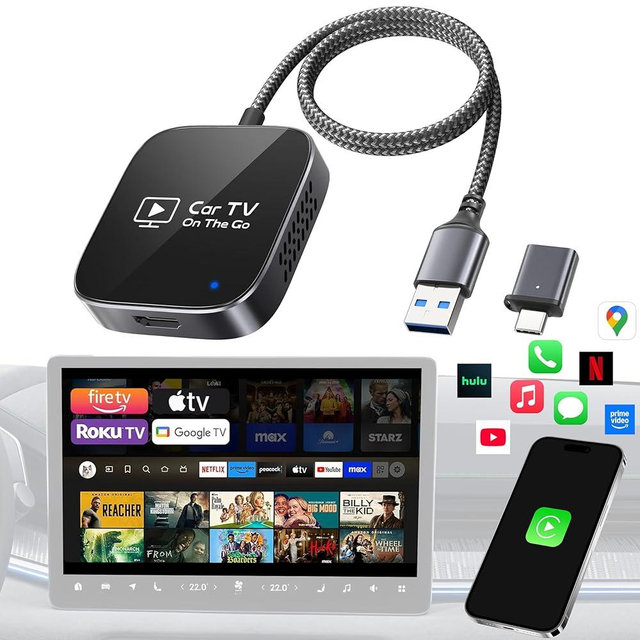 2-in-1 Wireless CarPlay Adapter & Car TV Mate Pro 2026 [Metal & Glass Case] Convert Wired to Wireless Car Play with HDMI Input for TV Stick, Screen Mirroring & Streaming, Fit for 2016+ Cars -Black