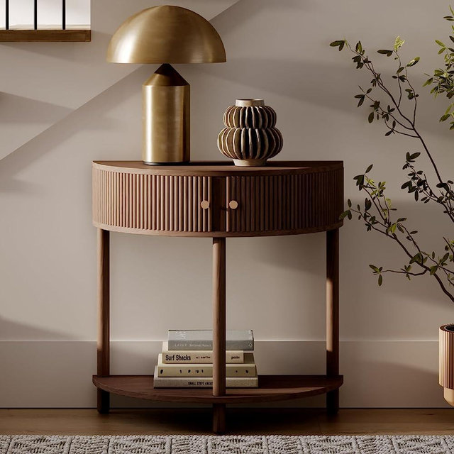 Fluted Half Moon Console Table - 2023 Collection - Living Room Furniture - Modern Home Decor - Solid Wood Entryway Table with Two Doors and Brass Knobs (Walnut)