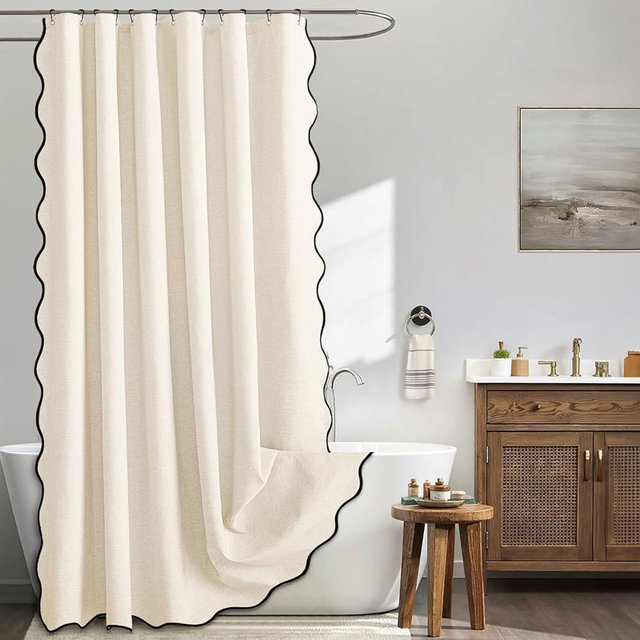 MIULEE 84" Long Scalloped Shower Curtain Linen Textured with 12 Metal Hooks Cute Extra Long Heavy Duty Washable Waterproof Cloth Shower Curtains with Black Border for Bathroom Hotel,Cream White