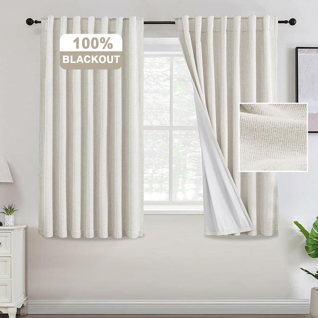 Turquoize Ivory White Linen Blackout Curtains 63 Inch Long Chenille Linen Curtains 100% Light Blocking Thermal Insulated Room Darkening Curtains for Living Room Bedroom Linen Black Out Drapes, Ivory