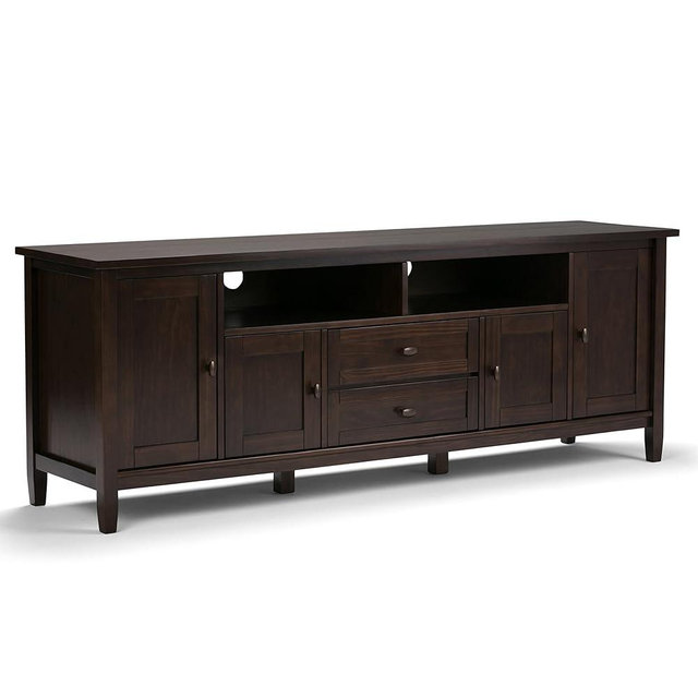 SIMPLIHOME Warm Shaker SOLID WOOD 72 inch Wide Transitional TV Media Stand in Tobacco Brown For TVs up to 80 inches for the Living Room and Entertainment Center