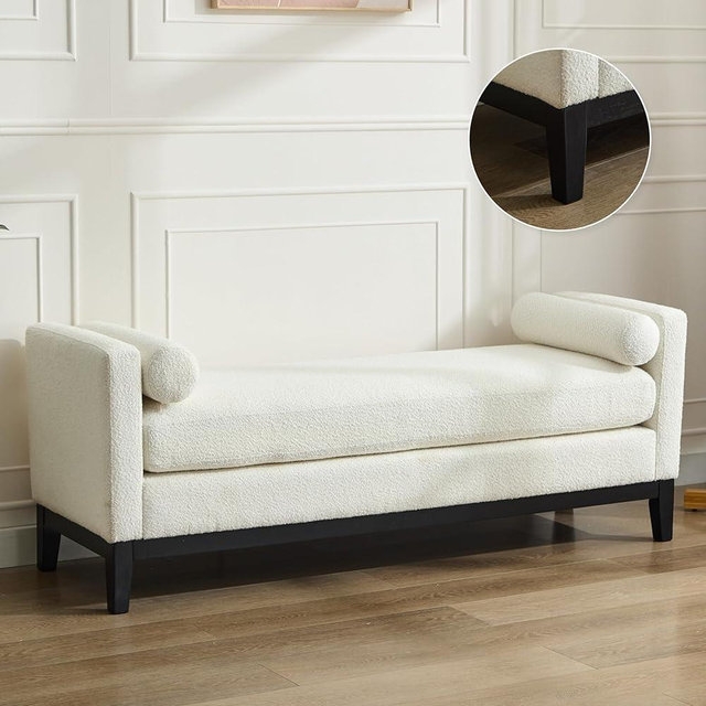 Aoiy & Wifon 66.34" W End of Bed Bench, King Size Upholstered Bench with Pillows for Bedroom/Entryway/Living Room, Boucle, Ivory
