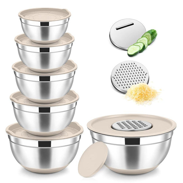 TeamFar Mixing Bowls, Stainless Steel Nesting Salad Bowl with Lids & 3 Graters, For Kitchen Cooking Serving Prepping, Airtight & Non-Slip, Size 4.6/3.5/2/1.5/1/0.7 QT, Set of 5 & Khaki