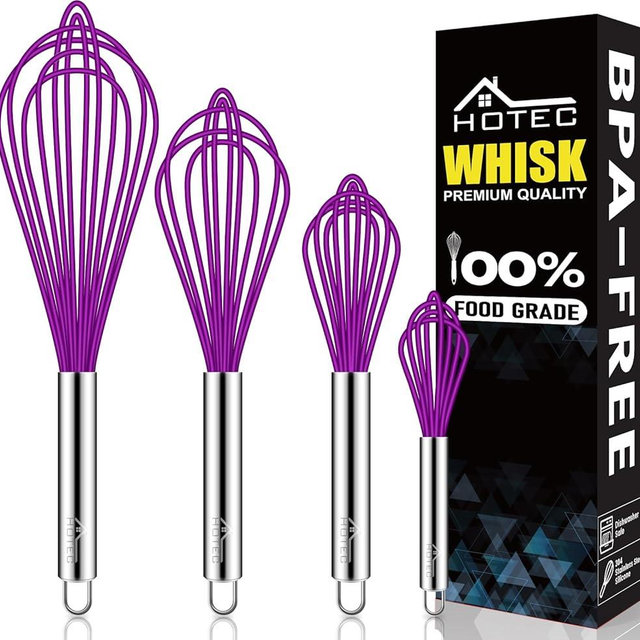 HOTEC 4 Pieces Silicone Whisks Set, Wire Balloon Whisks Egg Beater, Non-slip Handle Whisk for Non-stick Cookware Perfect for Cooking, Stirring, Beating and Blending (Purple)