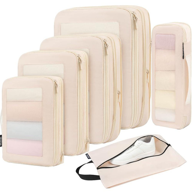 BAGAIL 4 Set/6 Set/8 Set Compression Packing Cubes Travel Accessories Expandable Packing Organizers (Square Mesh, 05-Beige)