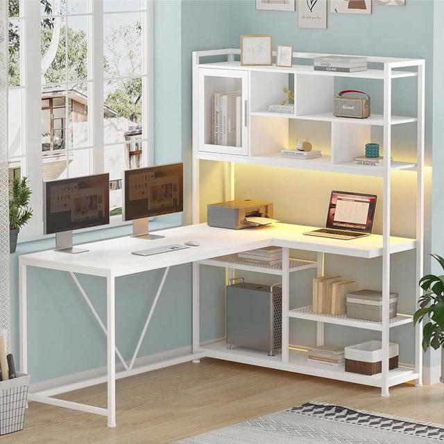 SEDETA L Shape Computer Desk, 58'' Office Desk with LED Light and Bookshelf, L Shaped Corner Desk with Storage Shelves for Home Office, Gaming Desk, L Desk, White