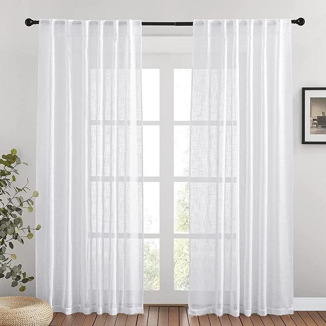 PONY DANCE White Linen Curtains - Sheer Curtains 84 inches Long for Living Room Delicate Semi-Sheer Window Treatments Farmhouse for Patio Sliding Glass Door, 52" W x 84" L, 2 PCs