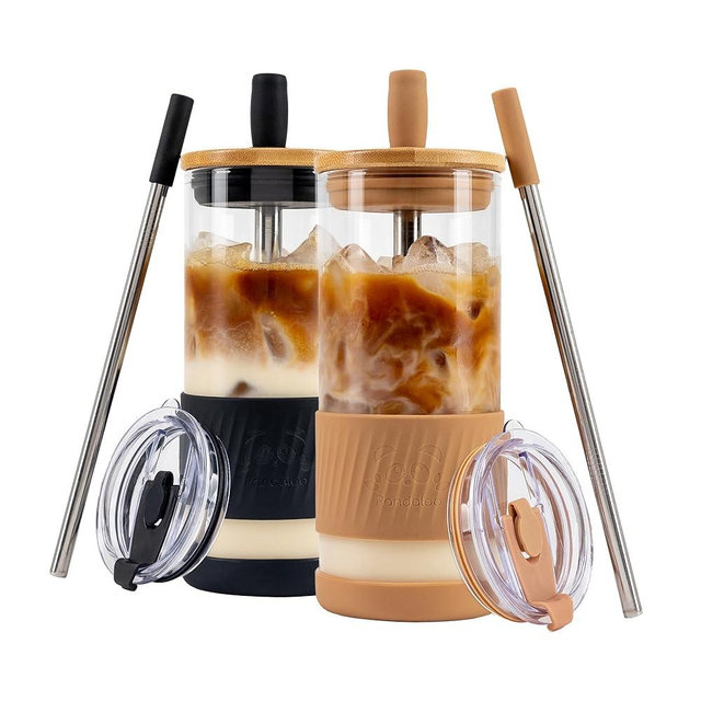 Pandaloo® Glass Cups With Lids and Straws -20 Fl Oz- Perfect Size Iced Coffee Cup - Smoothie Cup With Bamboo Lid and On the go Lid - Glass Tumbler (2 Count (Pack of 1), Amber Sand-Black Saphir)