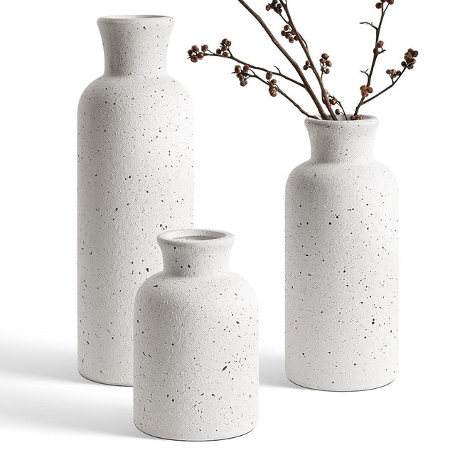 LE TAUCI Ceramic Vase Set of 3, Matte Flower Vases for Fresh or Dried Flowers, Modern Farmhouse Home Decor for Coffee Table, Mantel, Shelf, Entryway, Speckled White