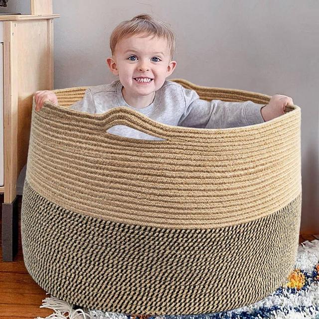 Goodpick Extra Large Storage Basket, 23.6 x 14.2 inches, Woven Laundry Basket for Clothes, Large Wicker Basket for Organizing Pillow Basket for Blankets in Living Room, Jute Plant Tree Basket, 105L