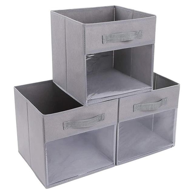 DIMJ Cube Storage Bins, 3 Packs Clear Window Fabric Storage Bin Organizer for Closet Shelves Home Storage Cubes Organizer with Handles