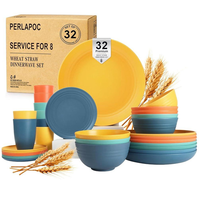 Perlapoc Wheat Straw Dinnerware Sets, Plates and Bowls Sets Unbreakable & Microwave Safe - 32 Piece Service for 8 Dinner Plate Dessert Plate Cereal Bowl Cup for Kitchen & Outdoor - Multi