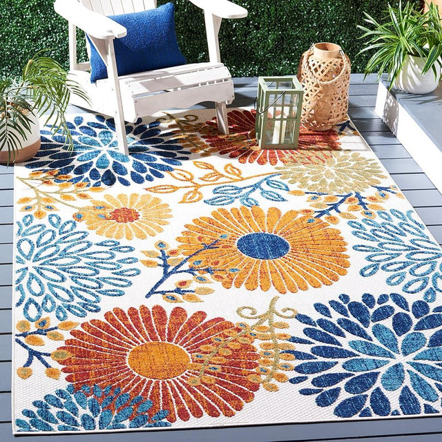 SAFAVIEH Cabana Collection Area Rug - 4' Square, Creme & Red, Floral Design, Non-Shedding & Easy Care, Indoor/Outdoor & Washable-Ideal for Patio, Backyard, Mudroom (CBN832A)