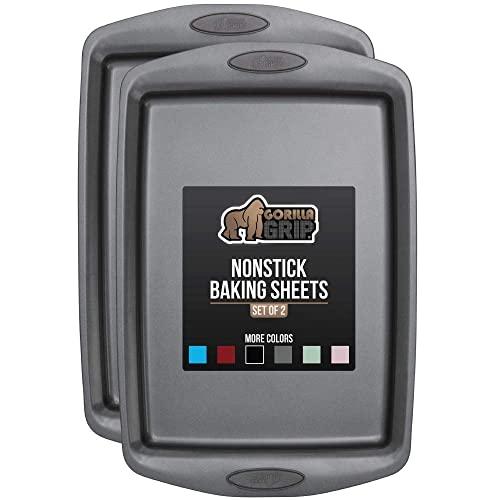 Gorilla Grip Original Non Stick Baking Cookie Sheets, Set of 2 Bakeware Trays, Silicone Handles, Multi Purpose Professional 2-Piece Pan for Bakers and Cooks, 17.3 Inch x 11.75 Inch, Gray