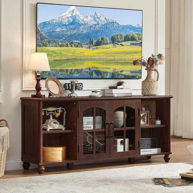 RWYHG Farmhouse TV Stand for 60 Inch TV, Wood Entertainment Center with Glass Door Storage Cabinet & Adjustable Shelves,Television Stands for 65" TVS, TV Console Table for Living Room,Bedroom,Walnut