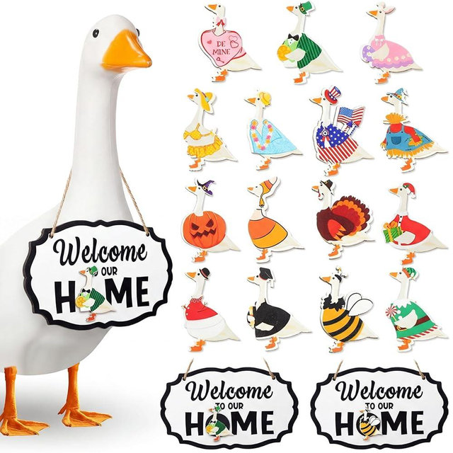 Memorywuu 16 Pcs Porch Goose Welcome Sign Interchangeable Seasonal St. Patrick's Day Holiday Goose Sign with Wooden Geese Magnetic for 23" Cement Plastic Porch Outdoor Statue(Black,White,Oval)