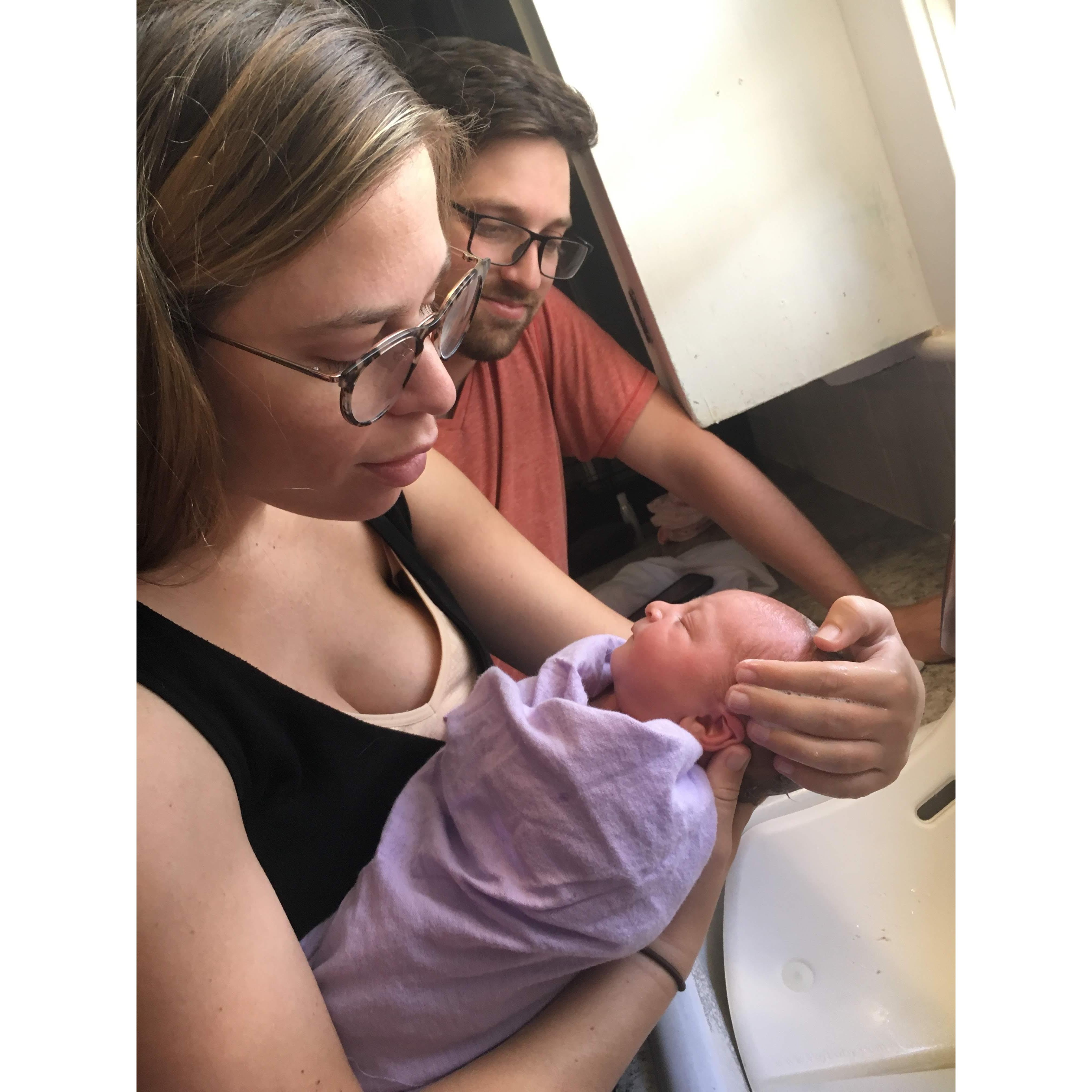 Giving Georgia her first bath together