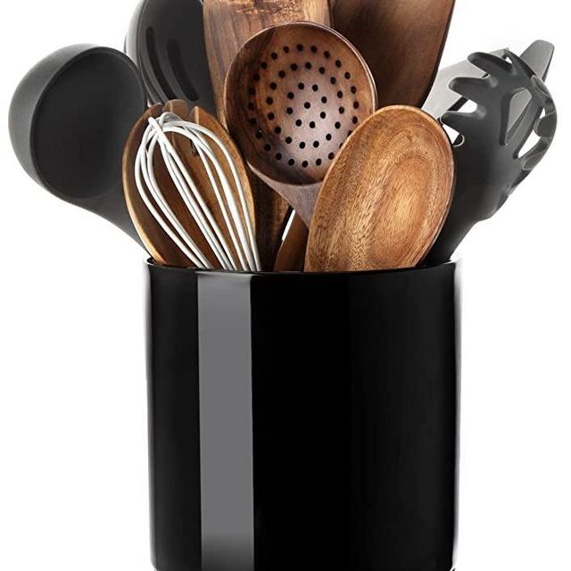 Nucookery 360°Rotating Utensil Holder, 7.2" Large Utensil Crock, White Ceramic Cooking Utensil Organizer with Countertop-Protection Cork Bottom for Farmhouse Kitchen Decor Christmas Thanksgiving Gift (Black)