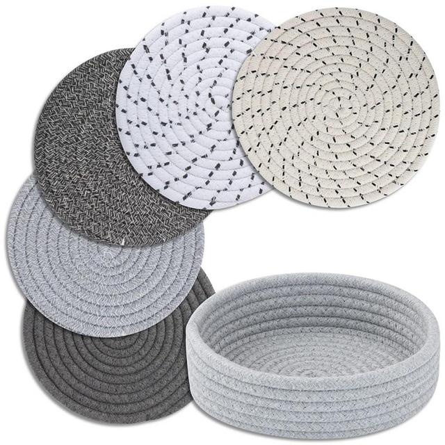 Trivets for Hot Dishes, Trivets for Hot Pots and Pans, Cotton Coasters 5 Pcs and Storage Basket 1 Pack, Pot Holders for Kitchen, Hot Pads for Table, Hot Mats Protect Countertops (Grey 5 Pcs)