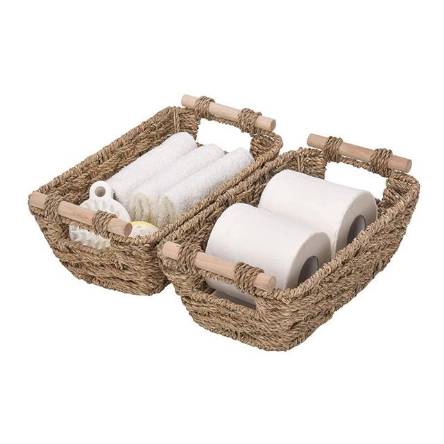 GRANNY SAYS Hand-Woven Small Storage Baskets with Wooden Handles, Seagrass Wicker Baskets for Organizing, Trapezoid Decorative Baskets, 12" x 7.1" x 4.7", Set of 2