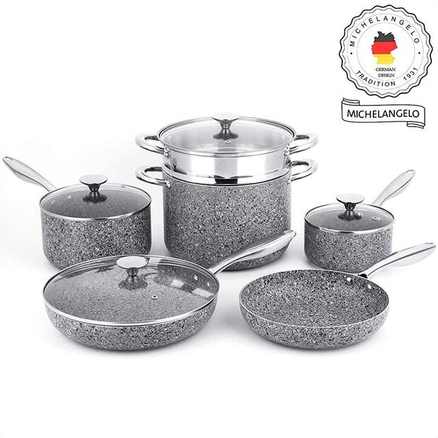 MICHELANGELO Stone Cookware Set 10 Piece, Ultra Nonstick Pots and Pans Set with Stone-Derived Coating, Stone Cookware Set Nonstick, Stone Pots and Pans Set - 10 Piece