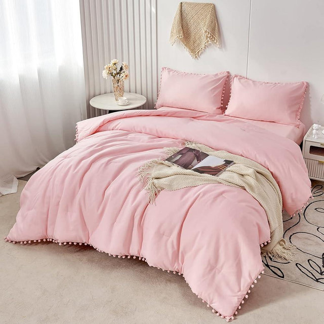 PERFEMET 5 Pcs Pink Pom Pom Comforter Boho Chic Aesthetic Ball Pom Comforter Set Full Size Ultra Soft Lightweight Bedding Set with Sheet for Girls Kids(Pink, Full)