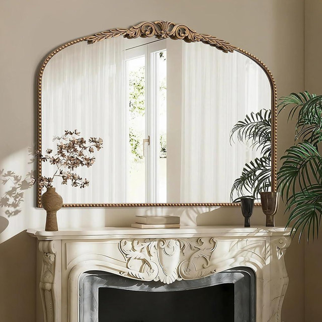 Besdomus Gold Large Fireplace Mirror: 48"x 33" Baroque Vintage Mirror - Traditional Ornate Antique Arched Mirrors for Bathroom/Wall/Vanity/Mantel/Bedroom/Entryway/Hallway - Home Decor for Living Room