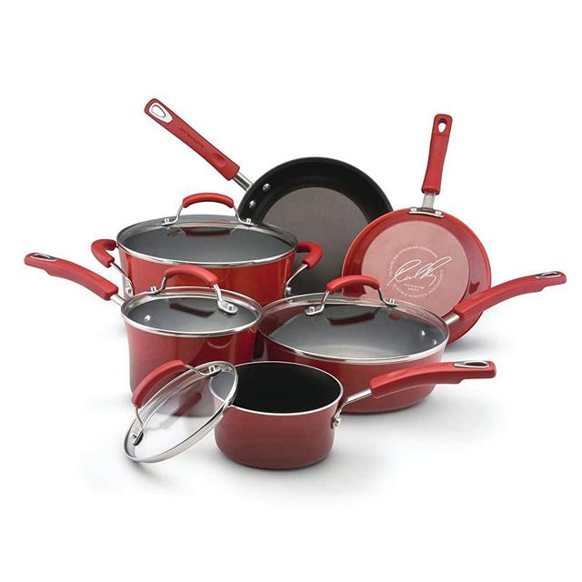 Rachael Ray 11535 Brights Nonstick Cookware Set / Pots and Pans Set - 10 Piece, Red