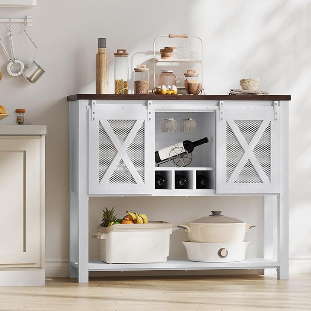 CABIHOME Wine Bar Cabinet with Sliding Barn Door, Coffee Cabinet with Wine Rack and Glass Holder, Kitchen Buffet Sideboard Cabinet with Storage, Liquor Cabinet Bar for Living Room, Dining Room, White