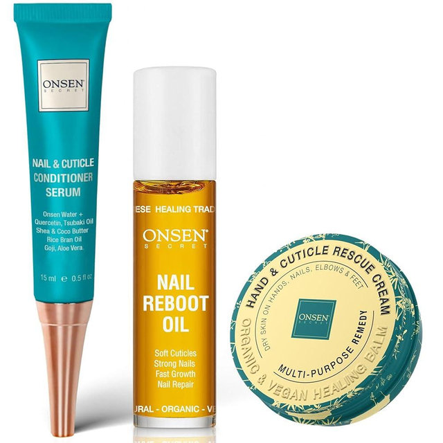 Onsen Nail & Cuticle Rescue Kit – Conditioner Serum, Repair Oil & Cuticle Balm – Tsubaki, Shea Butter, Jojoba – Strengthens Nails, Softens Cuticles, Hydrates Skin (15ml Serum+10ml Oil+32.5ml Cream)