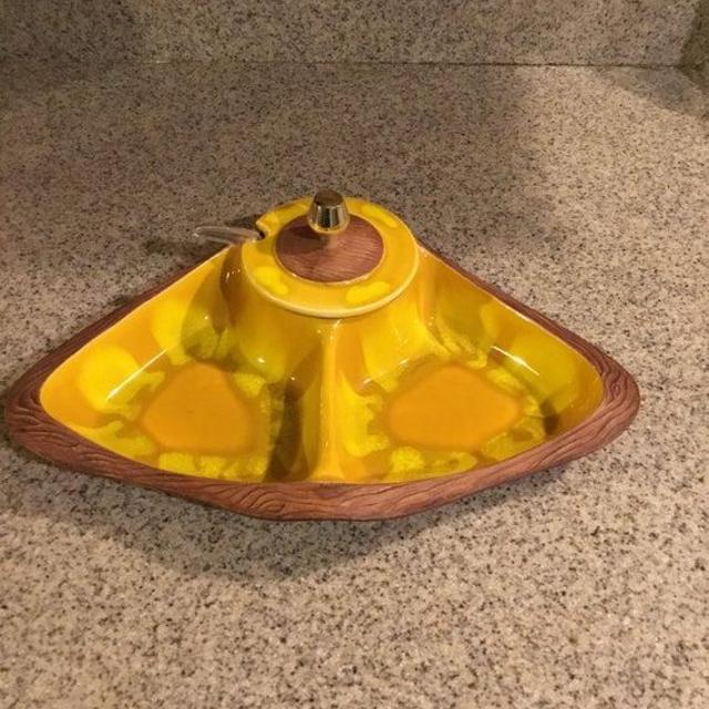 Mid Century Modern Appetizer/ Hors d' Oeuvres Serving Dish / Double Slotted / Dip Well