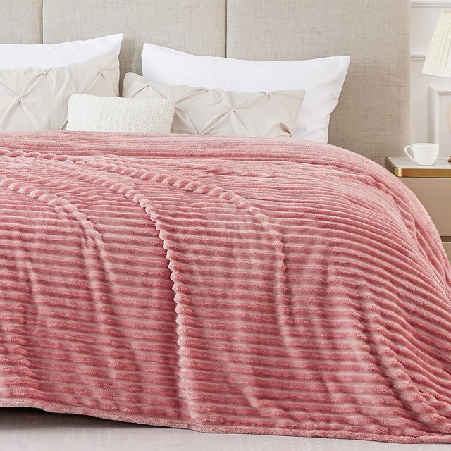 BEDELITE Fleece Blanket Queen Size – 3D Ribbed Jacquard Soft and Warm Decorative Fuzzy Blankets – Cozy, Fluffy, Plush Lightweight Throw Blankets for Couch, Bed, Sofa(Pink, 90x90 inches)
