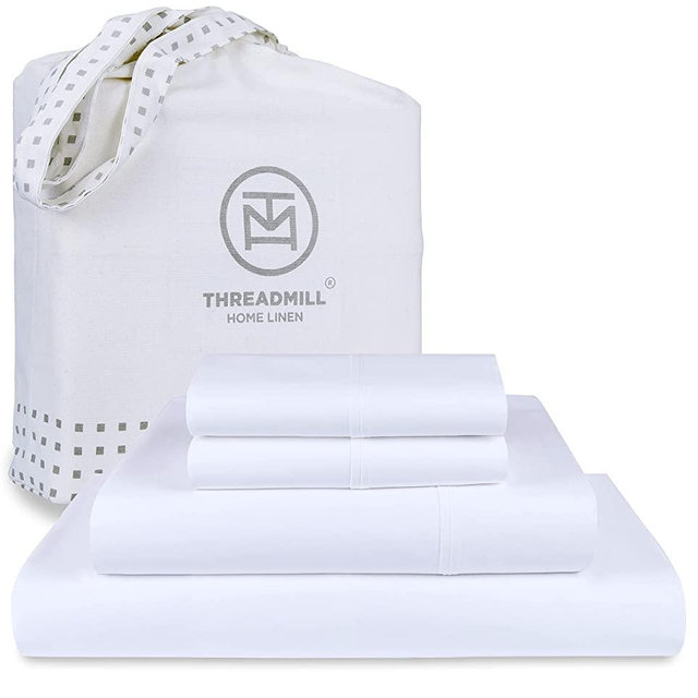 300 Thread Count Hotel White Queen Sheet Set- 100% Cotton Washable, Breathable, Silky Soft Sateen Sheets - 4 Pc Bed Sheet Set, Elasticized Deep Pockets - Best Wrinkle Free Bedding Sheets by Threadmill