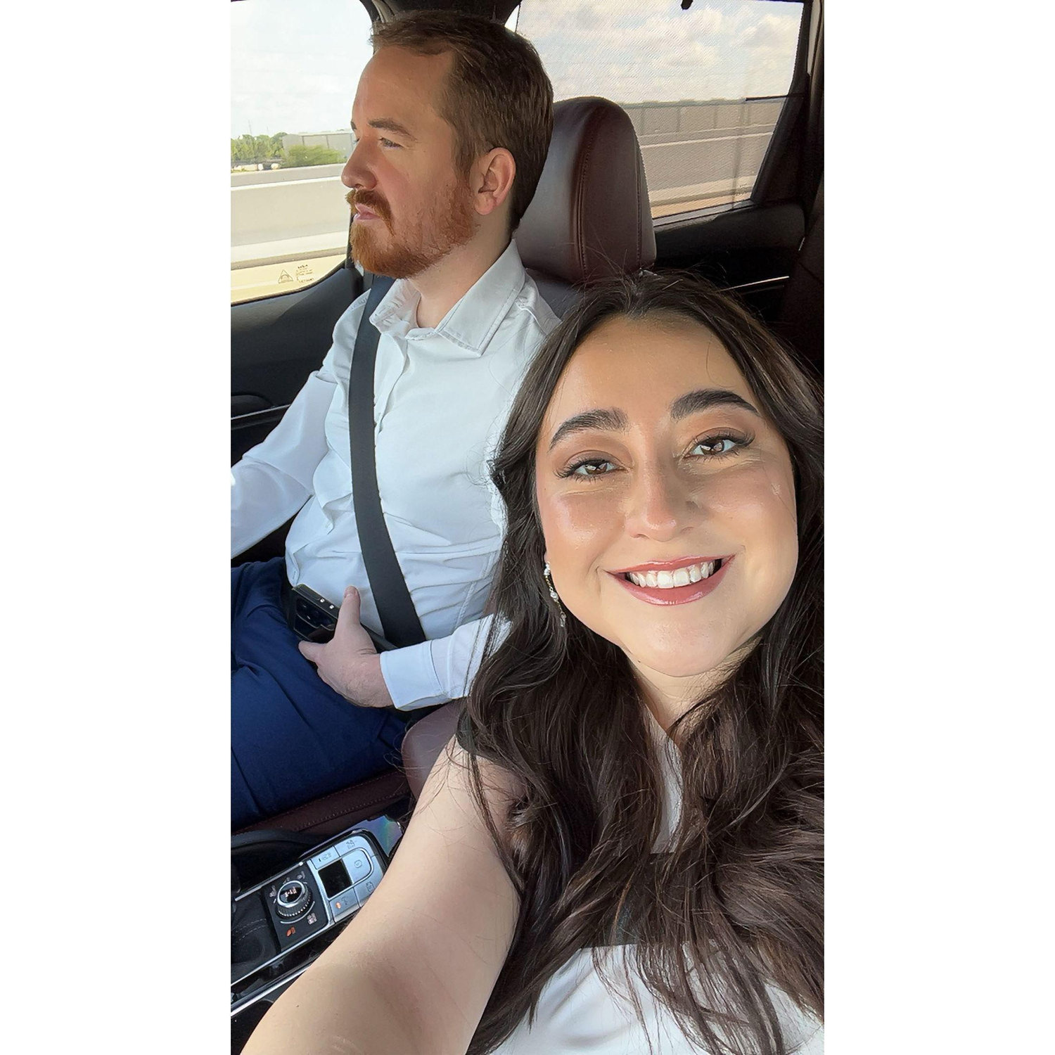 Heading to our engagement photoshoot. Our first date was at Chuy's in Sugar Land so that's where we had our photos taken..