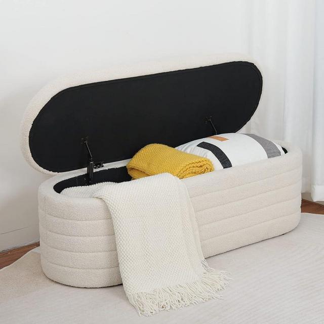 OuchTek Teddy Storage Ottoman Bench Modern Upholstered Storage Bench Sherpa Window Entryway Bench Oval White Ottoman with Storage for Living Room Bedroom Bench End of Bed