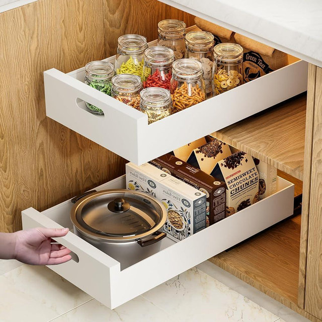 HBL' 2 Pack | 21" Deep Pull Out Cabinet Organizer Adhesive, 10-Inch Wide Sturdy Carbon Steel Roll-Out Drawers for Face Frame or Frameless Cabinets,Slide-Out Shelves for Pantry.