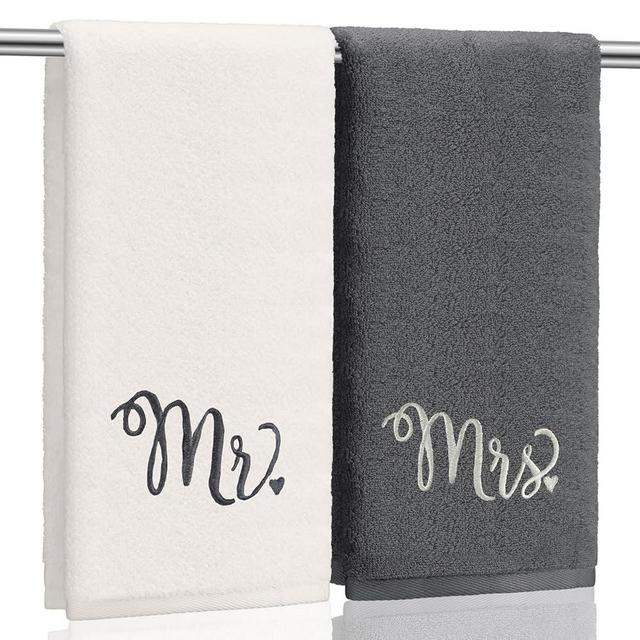 Tingjoo 2 Pcs Mr. and Mrs. Hand Towels 100% Cotton Embroidered Bathroom Towel Wedding Mr. and Mrs. Gift for Couple, Anniversary Bathroom Decor 29 x 13 inch